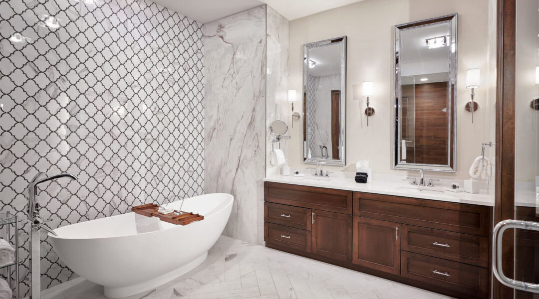 A soaking tub, dual vanities, and aromatherapy shower head give the Master bath in the Grand suite magnificent elegance.